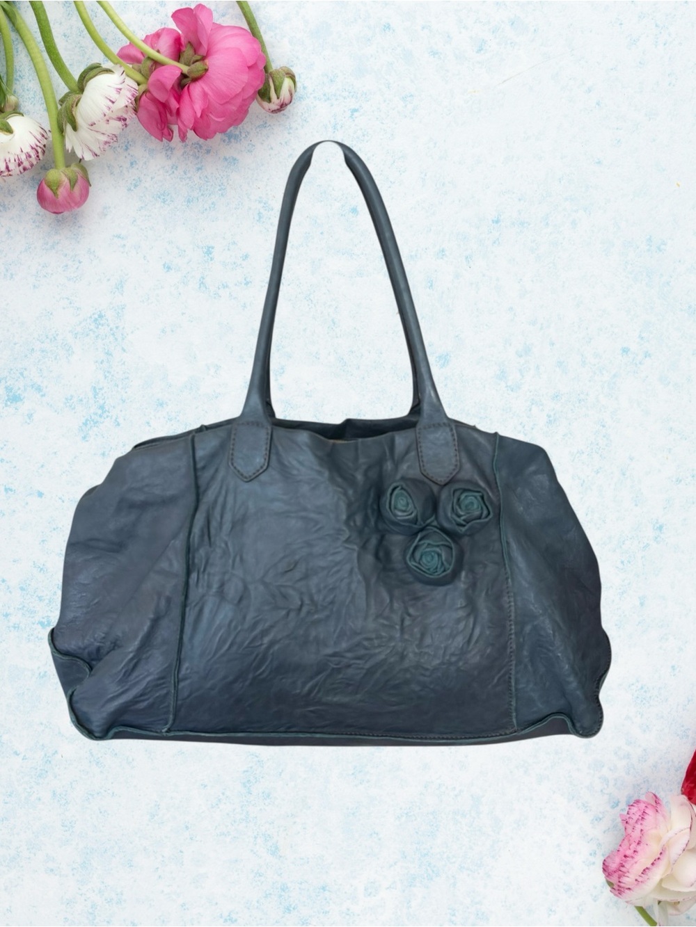 Falorni Italia Le Borse Women's Dark Teal Leather Suede Tote with Rosette Accent